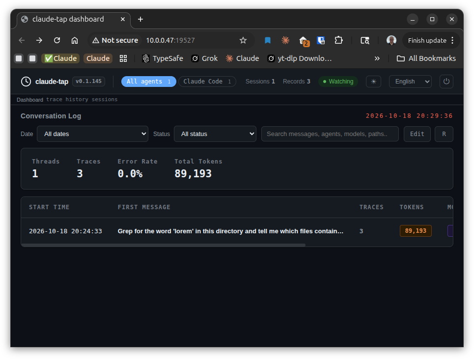 claude-tap dashboard — sessions list for a captured Claude Code trace